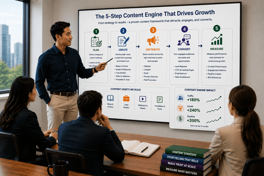 A five-step content engine — plan, create, distribute, convert, measure — on a boardroom screen, presented to a seated group