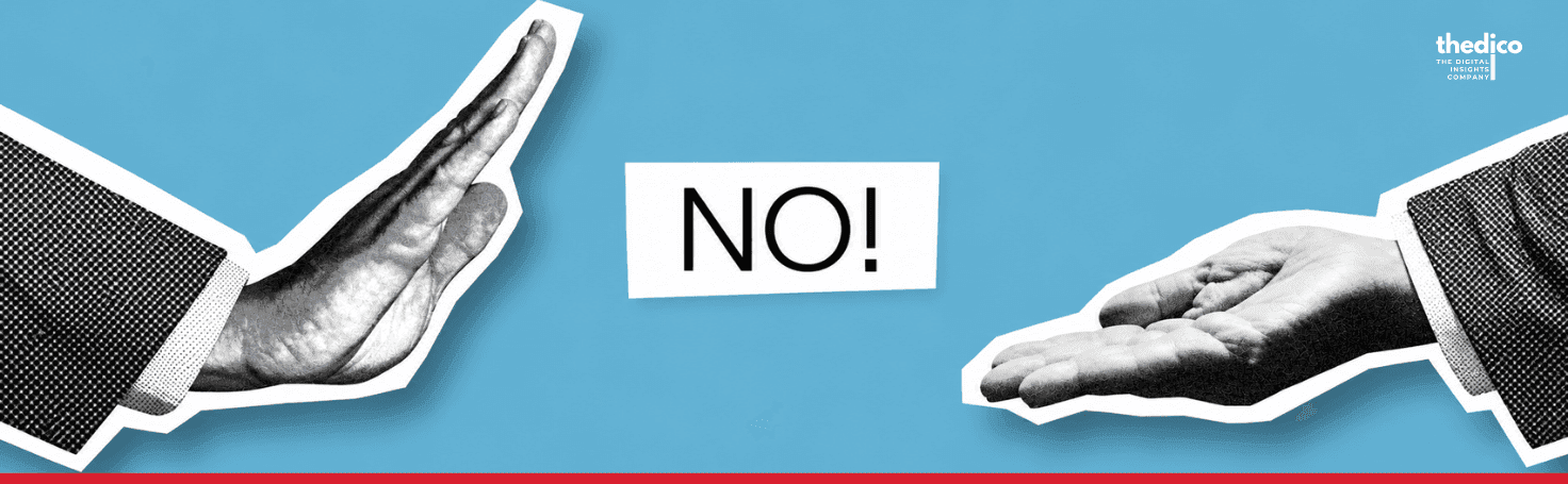 Two cut-out hands on a blue ground — one raised to say stop, one open to offer — with the word “NO!” between them