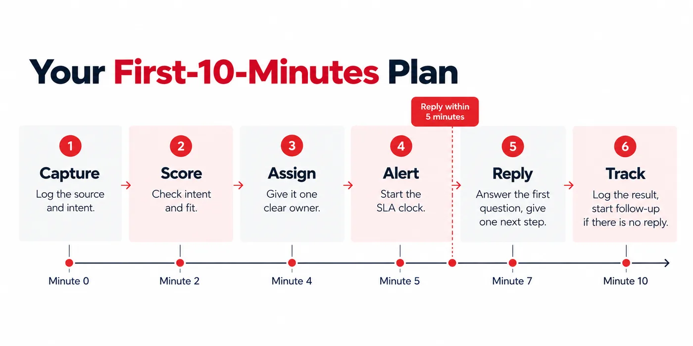 Your first-10-minutes plan: minute 0, capture the source and intent; minute 2, score intent and fit; minute 4, assign one clear owner; minute 5, alert and start the SLA clock; minute 7, reply with one next step; minute 10, track the result and start follow-up if there is no reply