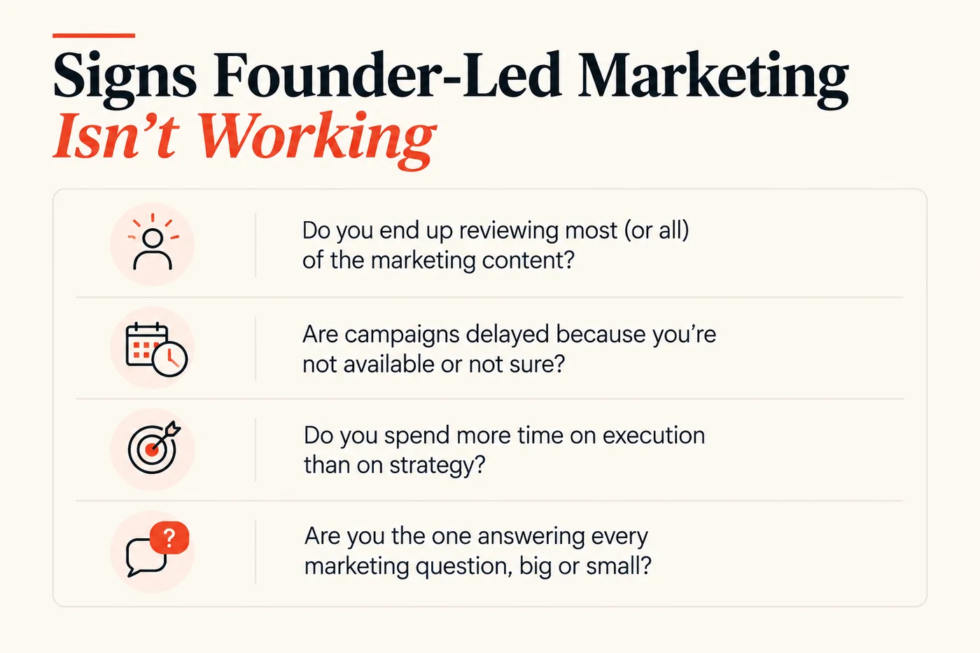 Signs founder-led marketing isn’t working: you review most or all of the marketing content; campaigns are delayed because you’re not available or not sure; you spend more time on execution than strategy; you answer every marketing question, big or small.