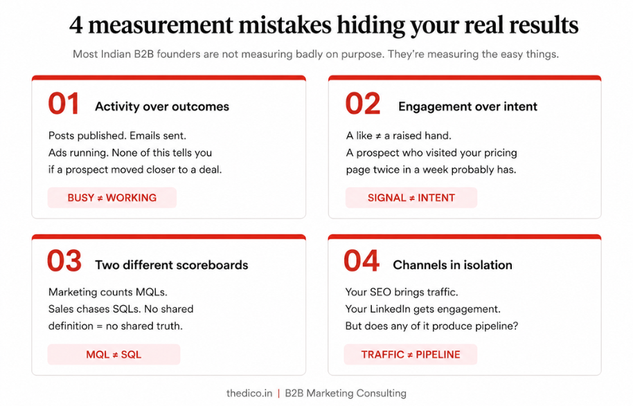 Four measurement mistakes: activity over outcomes, engagement over intent, two different scoreboards, and channels judged in isolation