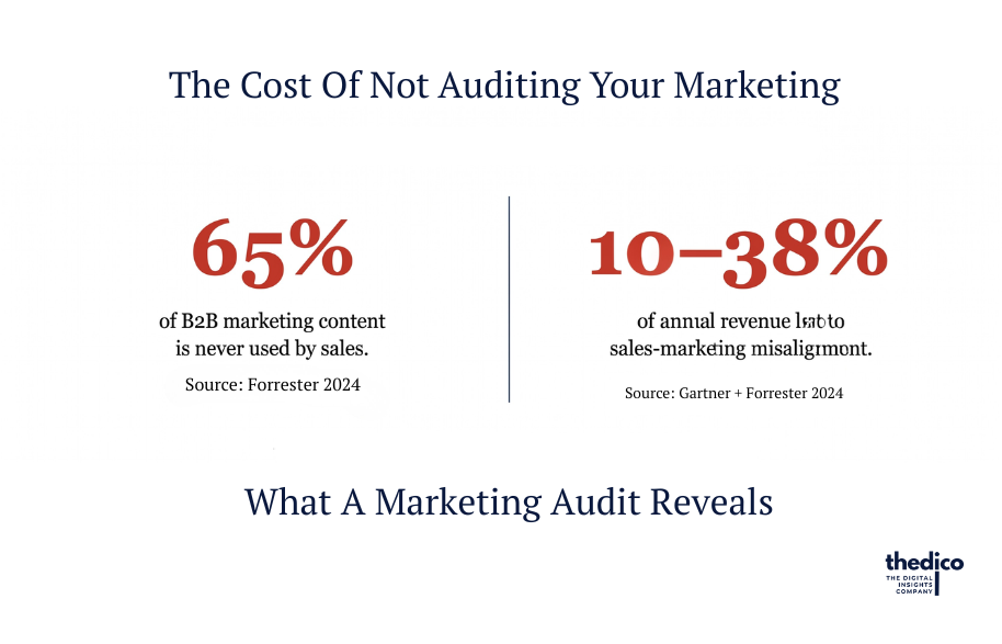 The cost of not auditing your marketing: 65% of B2B marketing content is never used by sales, and 10 to 38% of annual revenue is lost to sales-marketing misalignment