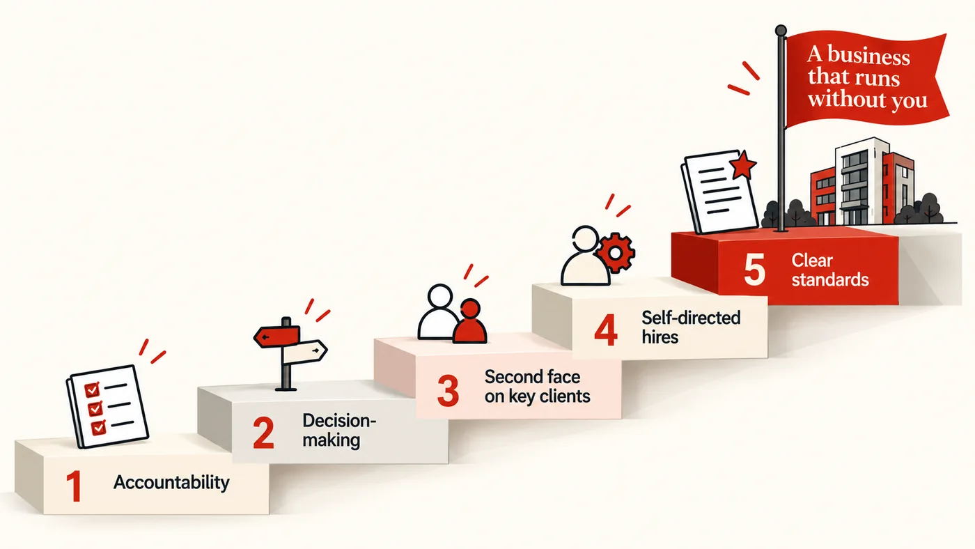 Five steps up to a business that runs without you: accountability, decision-making, a second face on key clients, self-directed hires, and clear standards