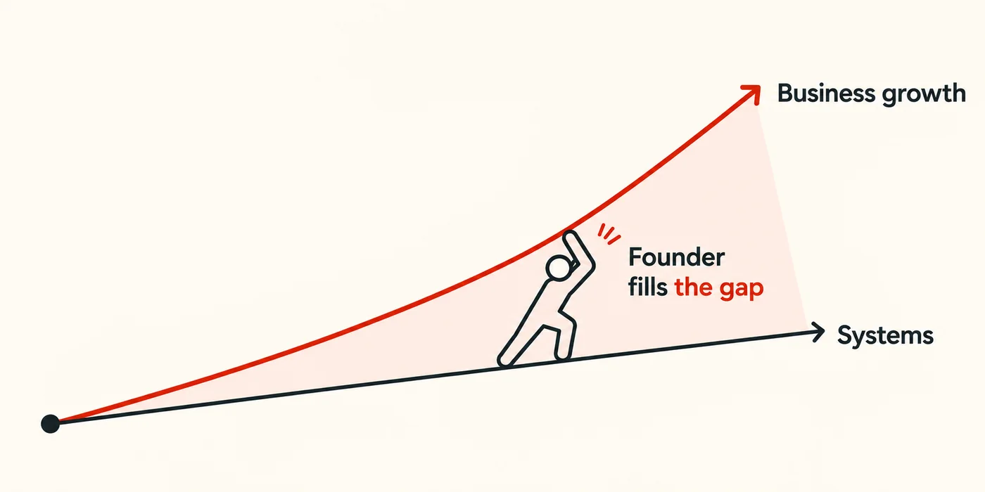 Business growth climbs faster than the systems under it, and the founder fills the gap between the two lines