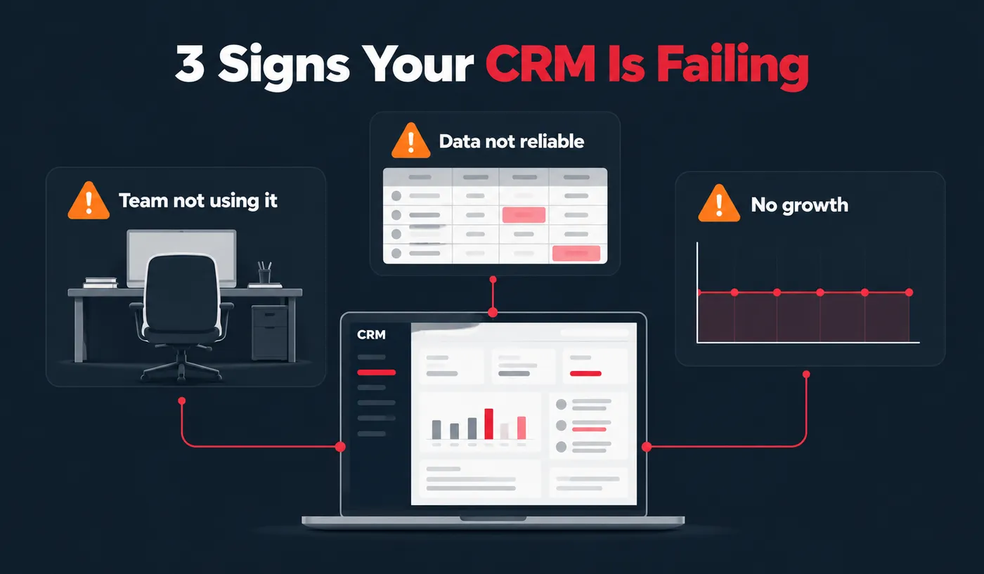 3 signs your CRM is failing: the team is not using it, the data is not reliable, and there is no growth